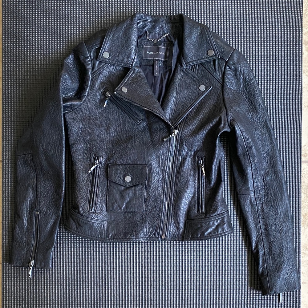 BCBGmaxazria Black Leather Moto Jacket smoked metal accents